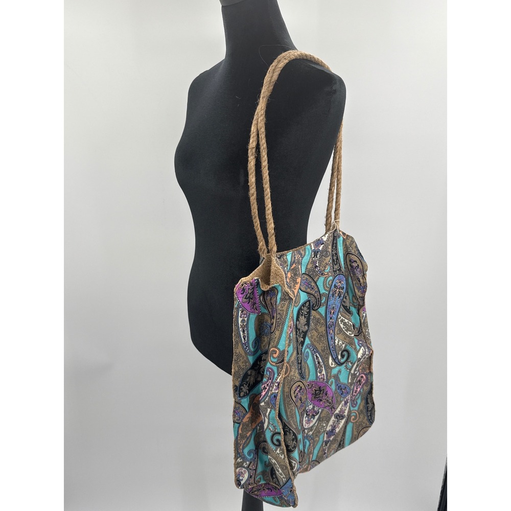 Karma Highway Boho Paisley Tote Bag Turquoise Purple Rope Handle NWT